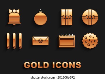 Set Envelope with christmas party invitation card, Gift box, Cookie or biscuit chocolate, Calendar, Three rolled sticks of cinnamon, Merry Christmas ringing bell and ball icon. Vector