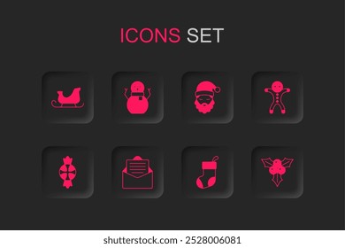 Set Envelope, Christmas snowman, santa claus sleigh, stocking, Holiday gingerbread cookie, Branch viburnum, Santa Claus hat and beard and Candy icon. Vector