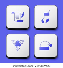 Set Envelope, Christmas stocking, Branch viburnum and Santa Claus hat icon. White square button. Vector