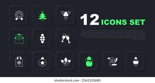 Set Envelope, Christmas toy, Candy, snowman, ball, tree and Branch viburnum icon. Vector