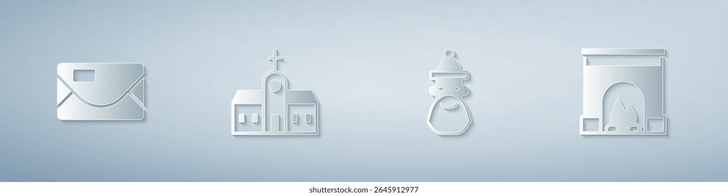 Set Envelope, Church building, Santa Claus hat and beard and Interior fireplace. Paper art style. Vector