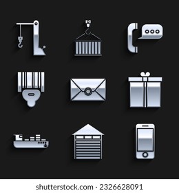 Set Envelope, Closed warehouse, Mobile phone with app delivery tracking, Gift box, Cargo ship boxes service, Scanner scanning bar code, Telephone speech bubble chat and Harbor port crane icon. Vector