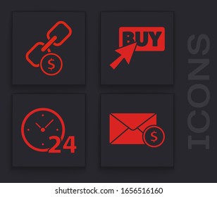 Set Envelope with coin dollar, Chain link and coin, Buy button and Clock 24 hours icon. Vector