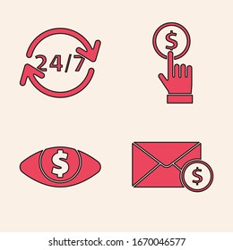 Set Envelope with coin dollar, Clock 24 hours, Hand holding coin and Eye with dollar icon. Vector