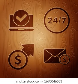 Set Envelope with coin dollar, Laptop, Financial growth and coin and Clock 24 hours on wooden background. Vector