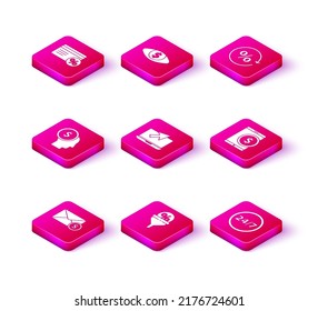 Poner sobre con dólar de moneda, Administración de plomo, mente de planificación empresarial, portátil y cursor, reloj 24 horas, Tablet, etiqueta de porcentaje de descuento e icono de ojo. Vector
