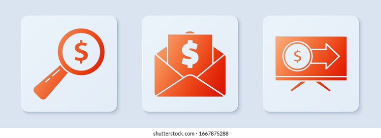 Set Umschlag mit Münzgeld, Magnifying Glas und Dollar und Monitor mit Dollar. Weißer Quadrat-Knopf. Vektorillustration