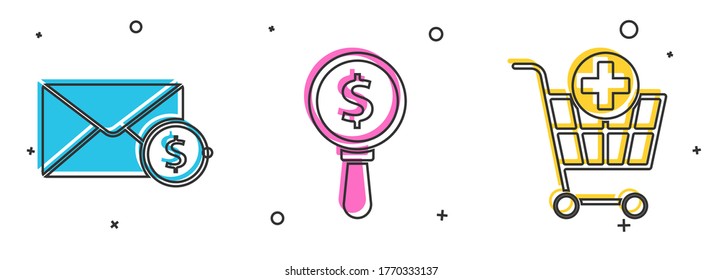 Ponga sobre con el dólar de moneda, la lupa y el dólar y agregue al icono del carro de la compra. Vector