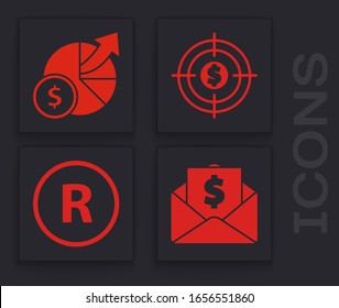 Set Envelope with coin dollar, Money and diagram graph, Target with dollar and Registered Trademark icon. Vector