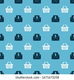 Set Envelope with coin dollar and Shopping basket on seamless pattern. Vector