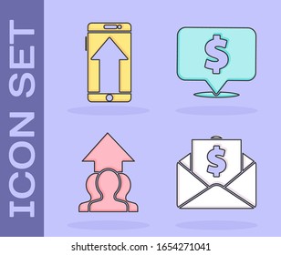 Set Envelope with coin dollar, Smartphone, mobile phone, Growth chart and progress in people crowd and Speech bubble with dollar icon. Vector