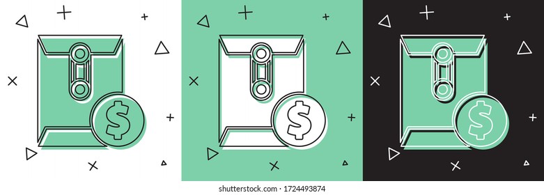 Set Envelope with coin dollar symbol icon isolated on white and green, black background. Salary increase, money payroll, compensation income.  Vector Illustration