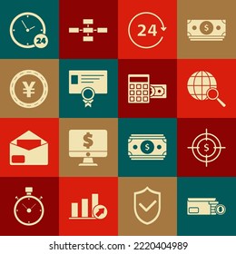 Set Envelope with coin dollar symbol, Target, Magnifying glass globe, Clock 24 hours, Certificate template, Coin money Yen,  and Calculator icon. Vector