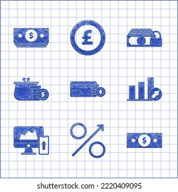 Set Envelope With Coin Dollar Symbol, Schedule, Chart, Diagram, Infographic, Pie Graph, Financial Or The Computer Monitor And Mobile Phone, Wallet Coins, Money Lock And  Icon. Vector