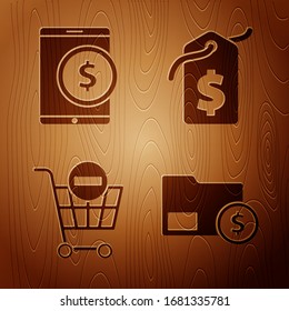 Set Envelope with coin dollar, Tablet with dollar, Remove shopping cart and Price tag with dollar on wooden background. Vector
