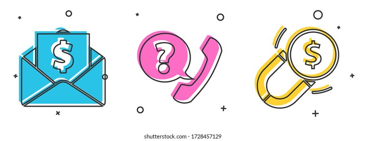 Set Envelope with coin dollar, Telephone handset and speech bubble chat and Magnet with money icon. Vector