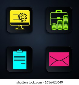Set Envelope, Computer monitor with graph chart, Document and Briefcase and coin. Black square button. Vector