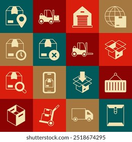Set Envelope, Container on crane, Unboxing, Armazém, Cartão de papelão, Cartão com relógio, Localização e Empilhadeira ícone caminhão. Vetor