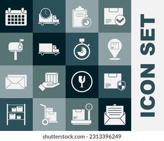 Set Envelope, Delivery security with shield, Location cardboard box, Verification of delivery list clipboard, cargo truck vehicle, Mail, Calendar and Stopwatch icon. Vector