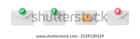 Set of envelope with different mark. Vector concept of canceled, rejected, check mail, new letter. Symbol of information transfer. Realistic icon isolated on a white background.