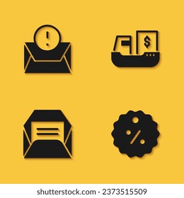 Set Envelope, Discount percent tag,  and Cargo ship with boxes delivery icon with long shadow. Vector