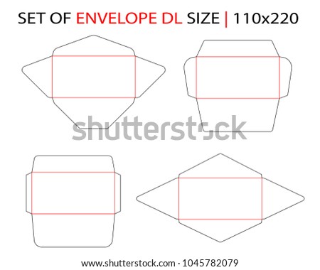Set of envelope DL/E65 size commercial flap, side seam, baronial die cut template for A5, A4 documents. Stamp. International standard size. Vector black  isolated circuit envelope.