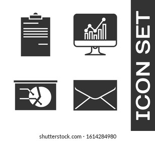 Set Envelope, Document, Board with graph chart and Computer monitor with graph chart icon. Vector