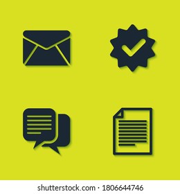 Set Envelope, Document, Chat and Approved and check mark icon. Vector.