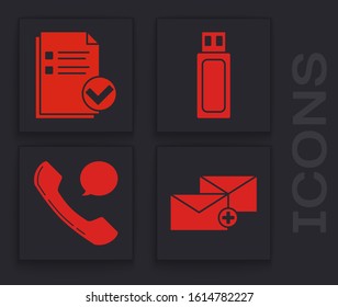 Set Envelope, Document and check mark, USB flash drive and Telephone handset and speech bubble chat icon. Vector