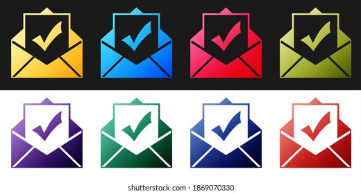 Set Envelope with document and check mark icon isolated on black and white background. Successful email delivery confirmation, successful verification concept. Vector.
