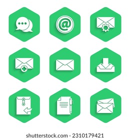 Set Envelope, Document and pen, Download inbox, Received message concept, setting and Speech bubble chat icon. Vector