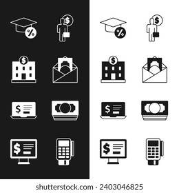 Set Envelope with dollar symbol, Bank building, Graduation cap and coin, Business man planning mind, Laptop, Stacks paper money cash, POS terminal credit card and Monitor icon. Vector