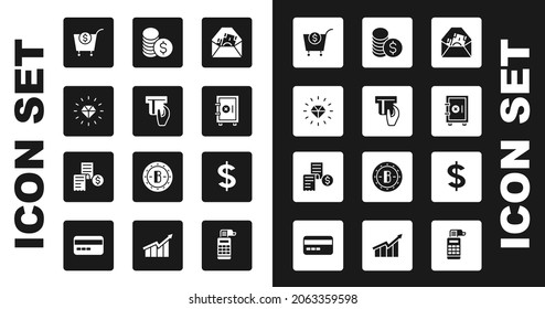 Set Envelope with dollar symbol, Credit card inserted, Diamond, Shopping cart and, Safe, Coin money, Dollar and Paper or financial check icon. Vector