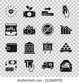 Poner sobre con símbolo en dólares, barras de oro, disminución del crecimiento financiero, terminal de Pos, pila dinero en papel, cofre del tesoro, Diamante y ningún icono. Vector