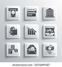 Set Envelope with dollar symbol, Stacks paper money cash, Treasure chest, Financial growth decrease, Paper or financial check, Wallet, ATM and and Bank building icon. Vector