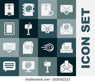 Set Envelope, Drawer with document, Mail and e-mail, setting, box, Postal stamp, Delete envelope and message lock password icon. Vector