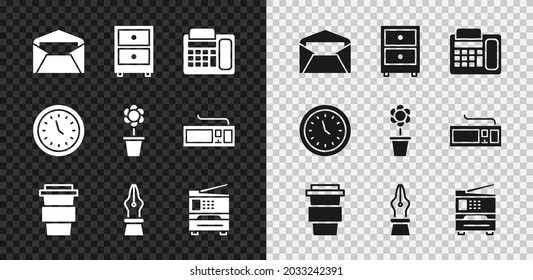 Set Envelope, Drawer with documents, Telephone, Coffee cup to go, Fountain pen nib, Printer, Clock and Flower pot icon. Vector