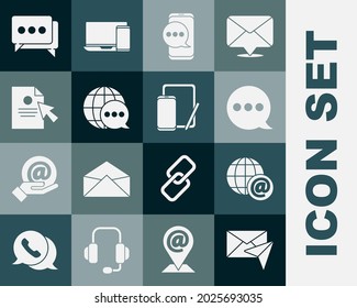 Set Envelope, Earth globe with mail, Speech bubble chat, Chat messages notification on phone, World map made from speech, Document and cursor,  and Phone graphic tablet icon. Vector