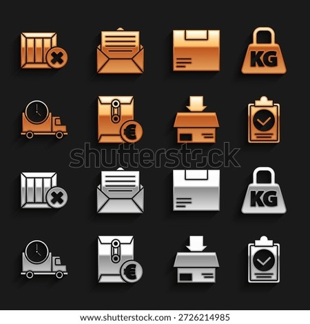 Set Envelope with euro symbol, Weight, Verification of delivery list clipboard, Carton cardboard box, Logistics truck and clock, Wooden delete and  icon. Vector