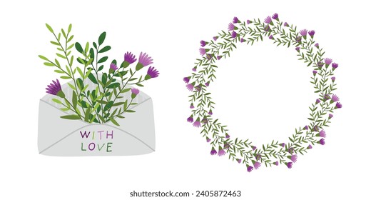 A set with envelope and flower frame on a white background. Flat illustration design.