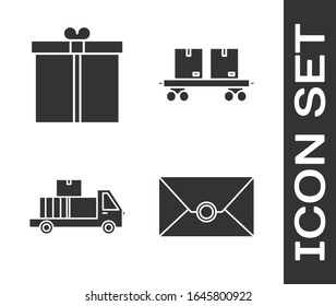 Set Envelope , Gift box , Delivery truck with cardboard boxes and Railway carriage  icon. Vector