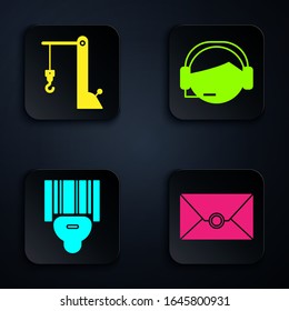 Set Envelope , Harbor port crane, Scanner scanning bar code  and Support operator in touch. Black square button. Vector