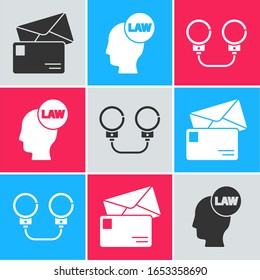 Set Envelope, Head with law and Handcuffs icon. Vector