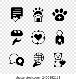 Set Envelope with heart, Animal shelter house, Veterinary clinic, Dialogue doctor, Hand holding Earth globe, Donate child toys, Donation food and Volunteer icon. Vector