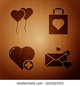 Set Envelope with heart, Balloons in form of heart, Heart and Shopping bag with heart on wooden background. Vector