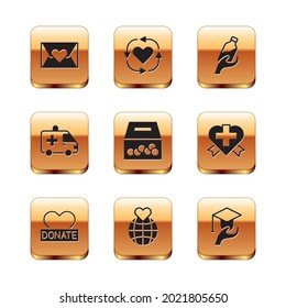 Set Envelope with heart, Donation and charity, Hand holding Earth globe, Ambulance car, water, Education grant and Volunteer icon. Vector