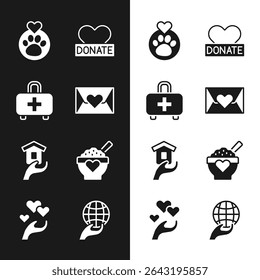 Set Envelope with heart, First aid kit, Heart animals footprint, Donation and charity, Shelter for homeless, food, Hand holding Earth globe and hand icon. Vector