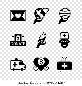 Set Envelope with heart, Hand holding Earth globe, Ambulance car, Donation charity, First aid kit,  and water icon. Vector