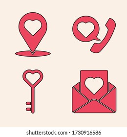 Set Envelope with heart, Map pointer with heart, Telephone with heart speech bubble and Key in heart shape icon. Vector