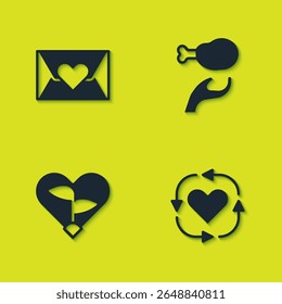 Conjunto de sobre con corazón, voluntario, hoja en donación e icono de comida. Vector